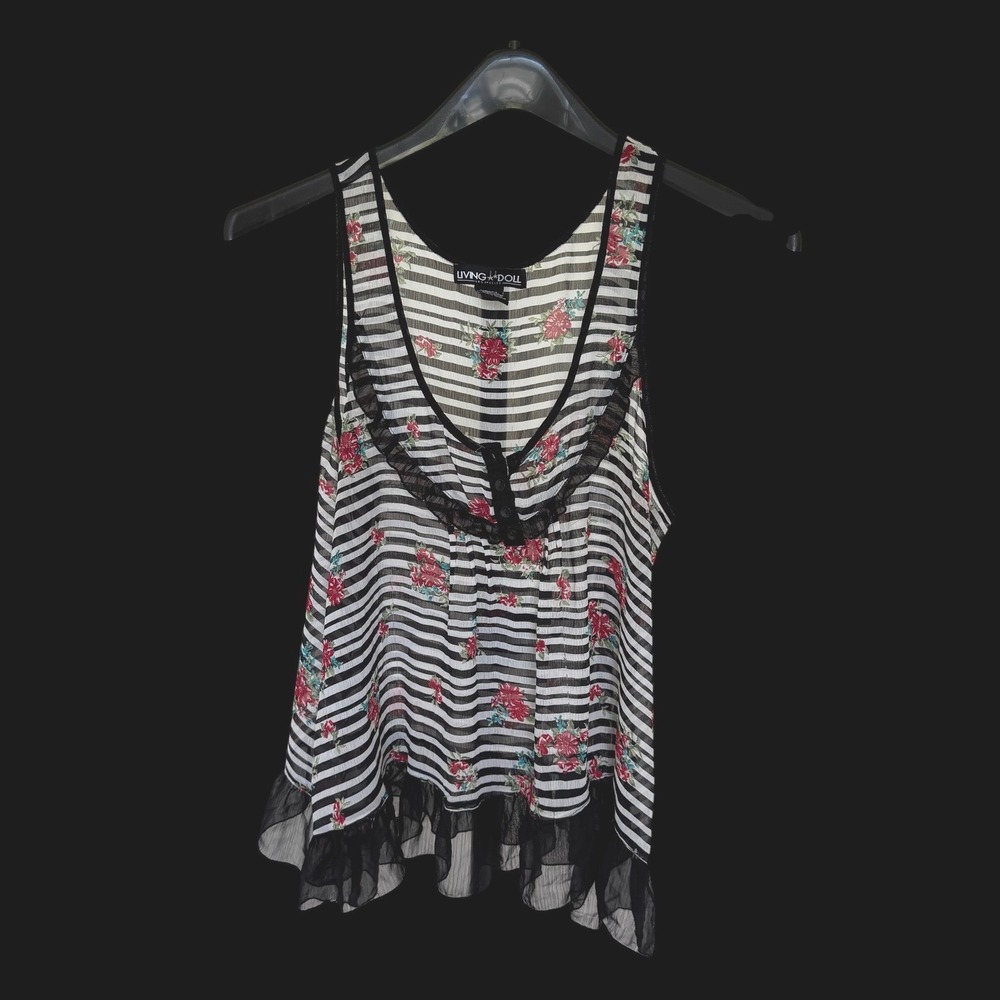 Y2K‎ Living Doll Los Angeles Floral Striped Ruffle Tank Top Sheer Babydoll Large